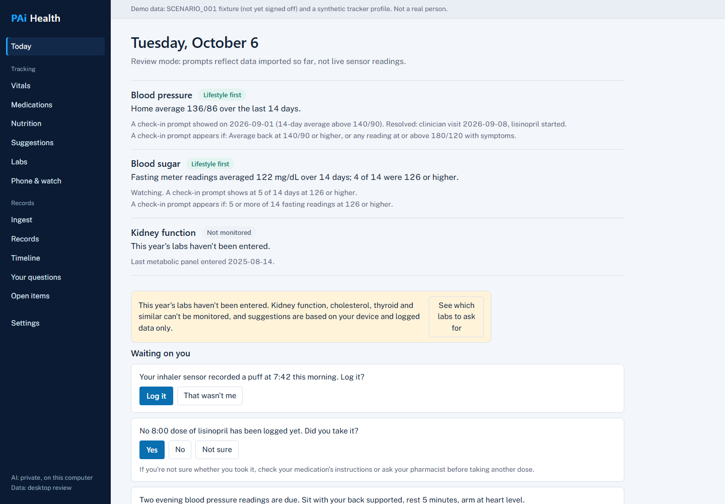 PAi Health synthetic demo dashboard showing blood pressure, blood sugar, medication check-ins and laboratory reminders
