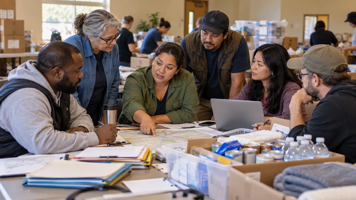 Community volunteers coordinating disaster resources around a table with maps and relief supplies