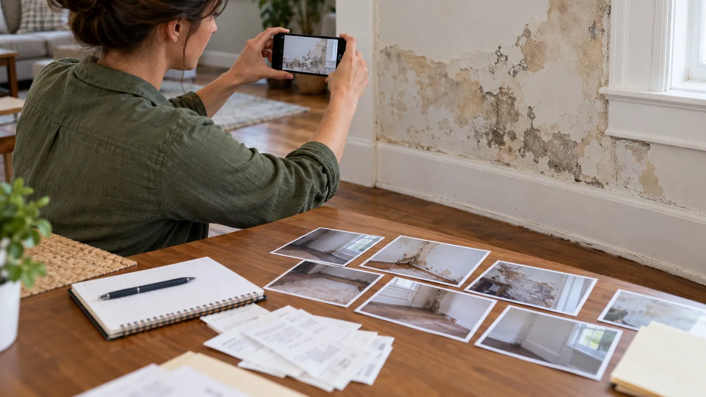 A homeowner photographing water damage and organizing property-damage records