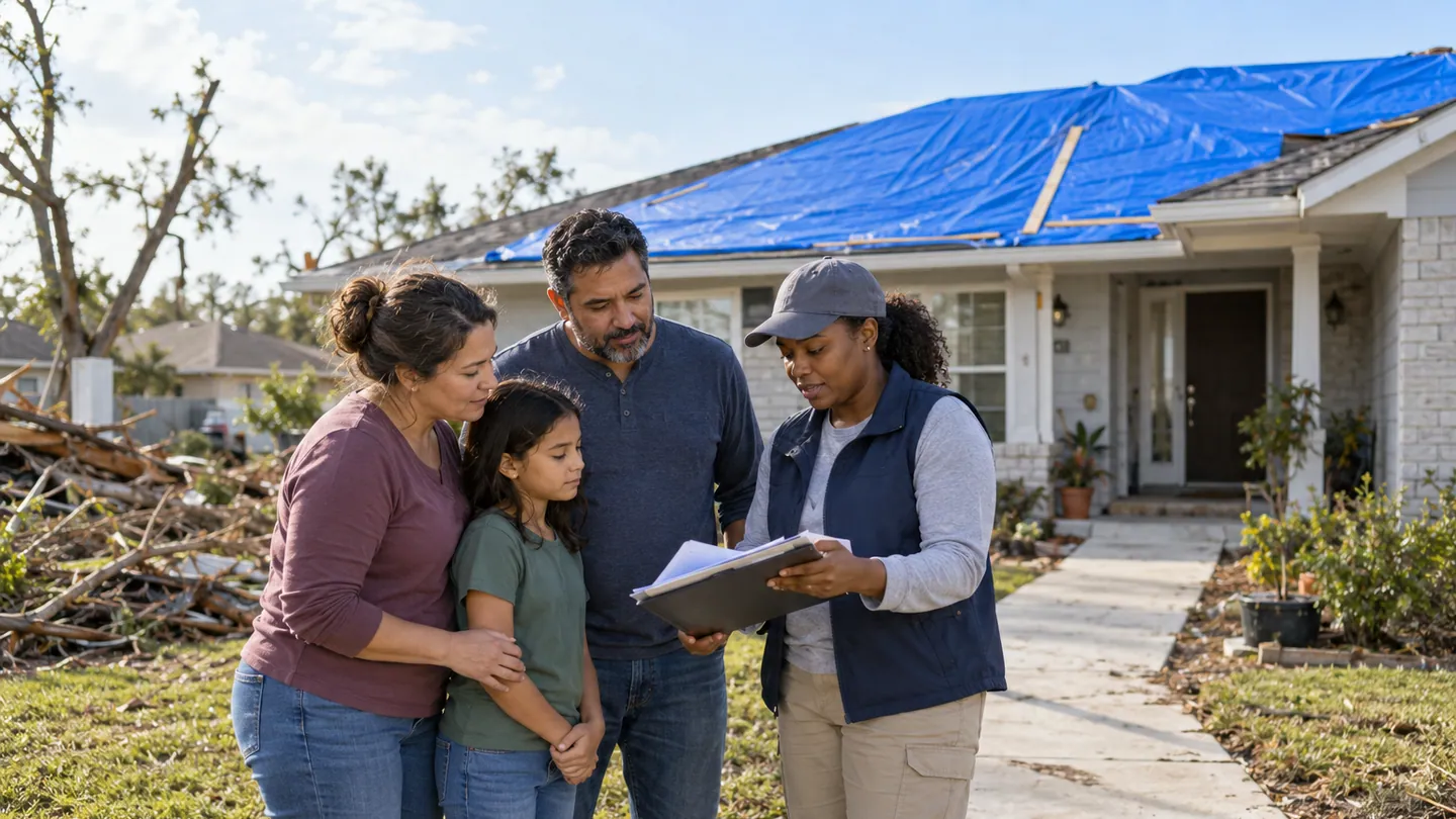 A family speaking with a recovery volunteer outside a storm-damaged home covered by a temporary blue tarp