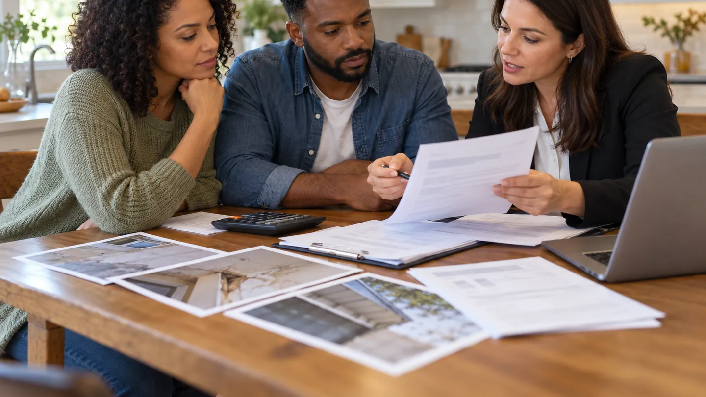 Homeowners reviewing an insurance estimate, damage photographs, and claim documents with an adviser