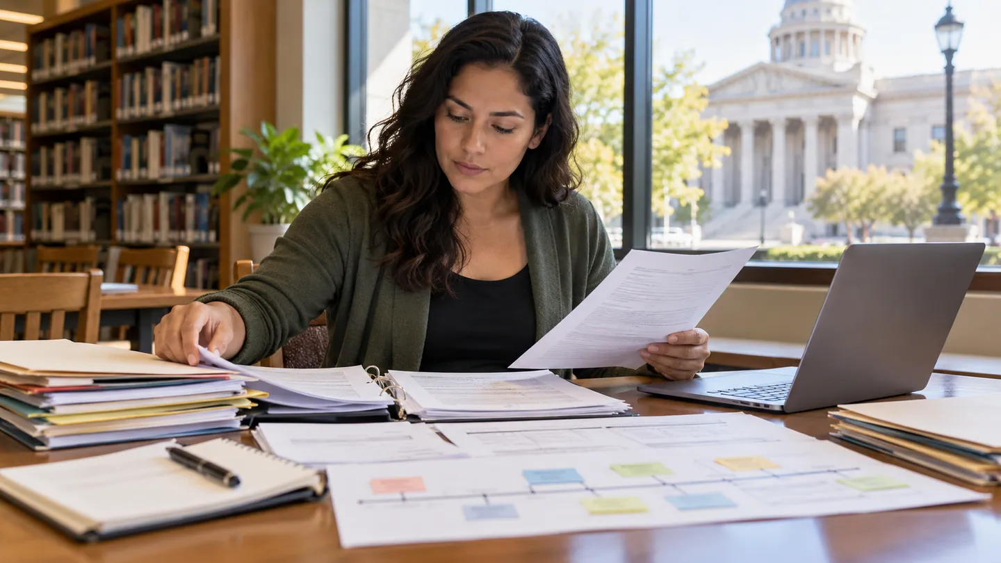 A self-represented person reviewing organized legal records at a public library near a courthouse