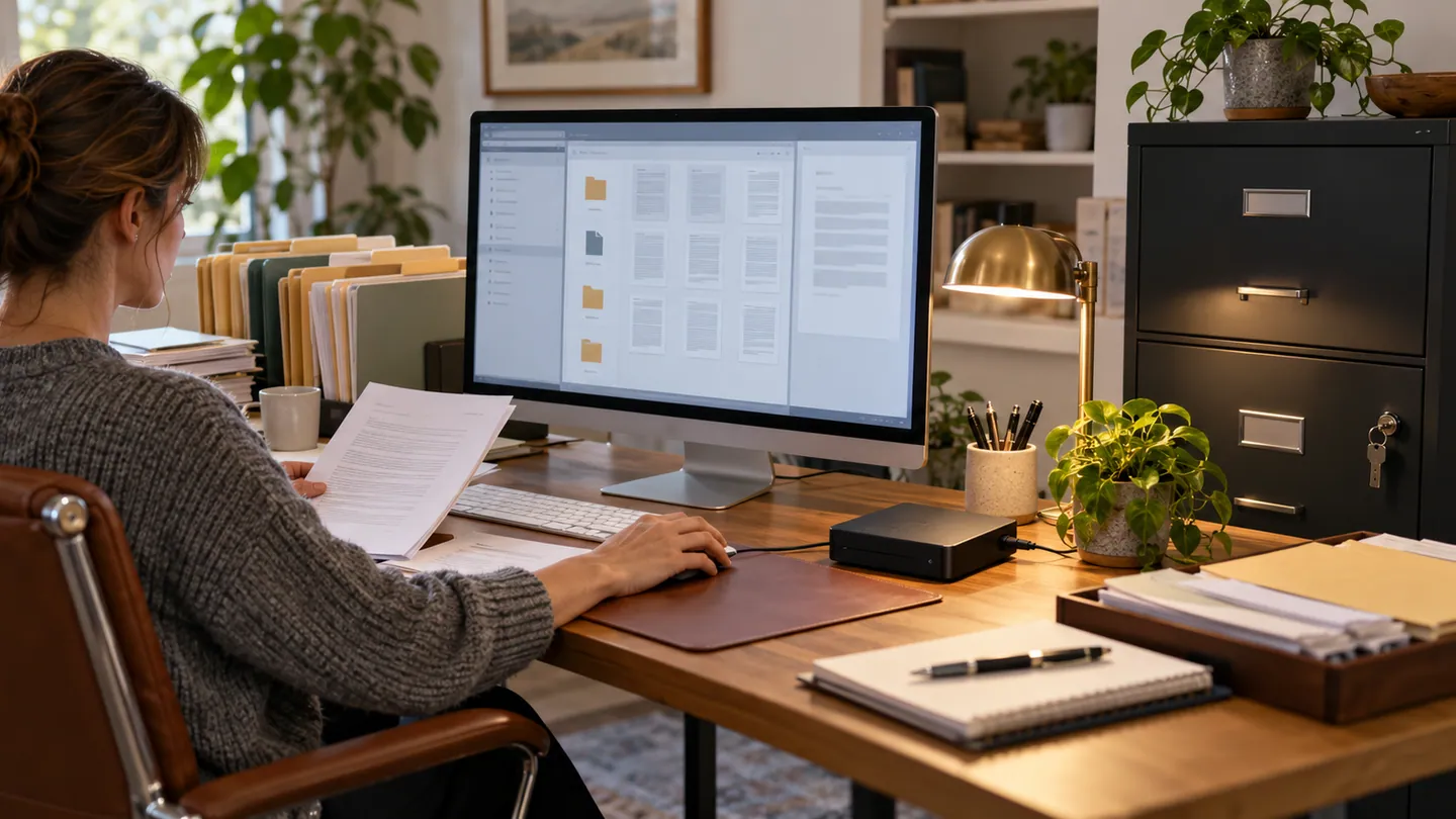 A person organizing documents on a private desktop computer beside a locked filing cabinet and local storage drive