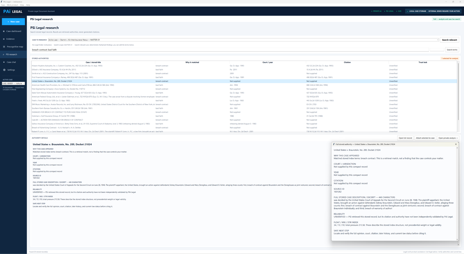 PSi Legal research screen inside PAi Legal, listing stored authorities for a breach of contract and bad faith search. Every row shows why it matched, court, year, citation and a Trust Lock column reading Unverified.